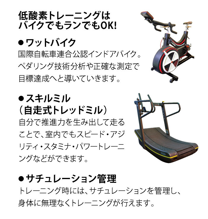 低酸素トレーニングはバイクでもランでもOK ワットバイク及びスキルミルを使用し、サチュレーション管理を実施しながらトレーニング